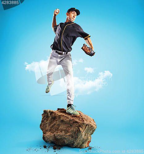 Image of The one caucasian man as baseball player playing against blue sky