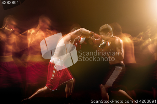 Image of The two male boxers boxing in a dark studio