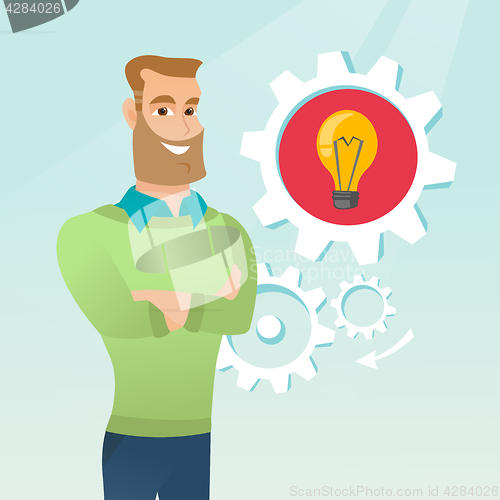 Image of Caucasian man with business idea lightbulb in gear