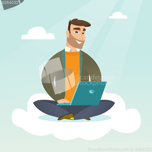 Image of Caucasian man using cloud computing technologies.