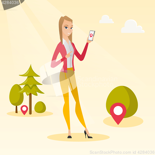 Image of Caucasian woman playing action game on smartphone.