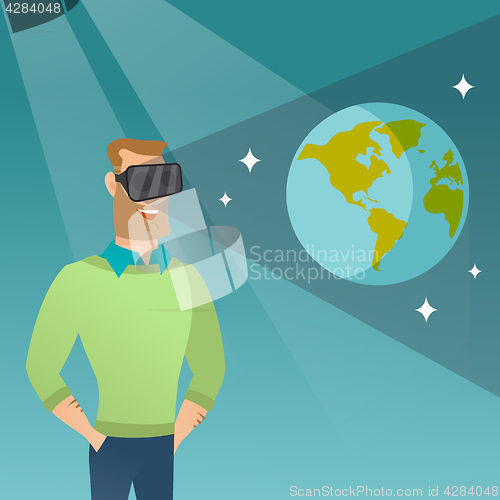 Image of Caucasian man in vr headset getting in open space.