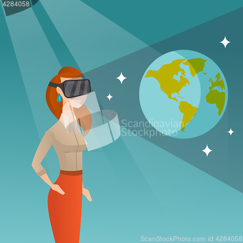 Image of Young woman in vr headset getting in open space.