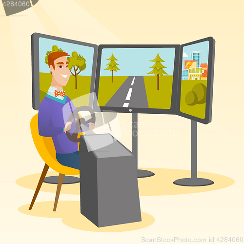 Image of Caucasian man playing video game with gaming wheel