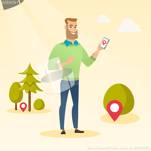 Image of Caucasian man playing action game on smartphone.