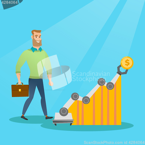 Image of Man looking at profit chart with robotic arm.