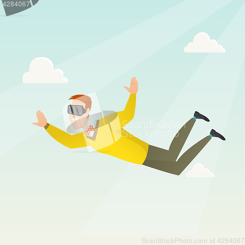 Image of Businessman in vr headset flying in the sky.