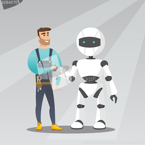 Image of Young caucasian man handshaking with robot.