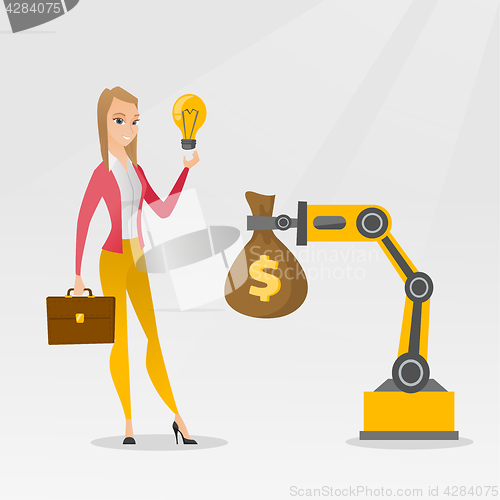 Image of Woman selling idea of engineering of robotic hand.