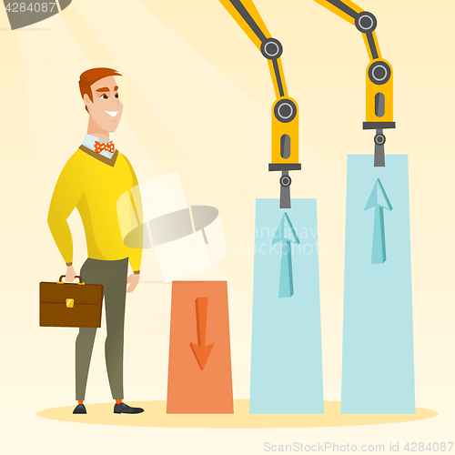 Image of Robotic arms raise up business charts.