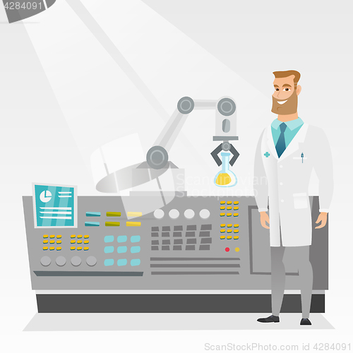 Image of Scientist and robotic arm conducting experiments.