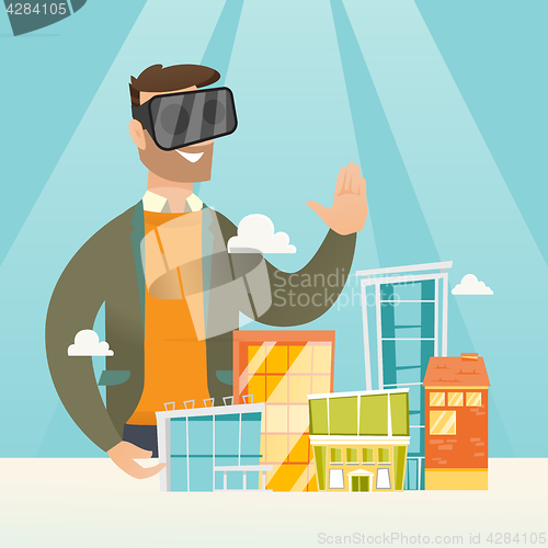 Image of Caucasian man wearing virtual reality headset.