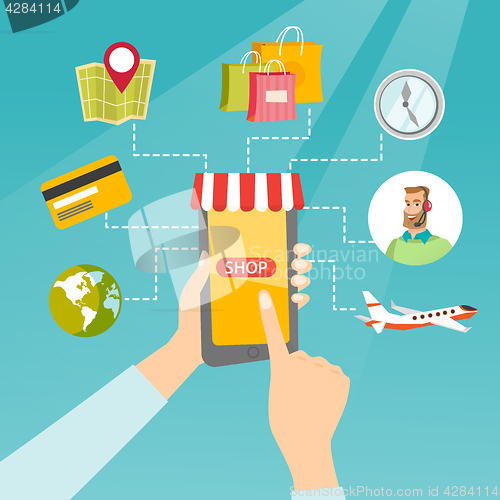 Image of Hands holding phone connected with shopping icons.