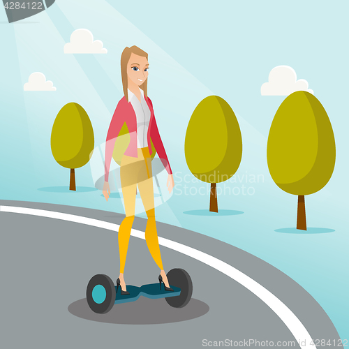 Image of Woman riding on self-balancing electric scooter.