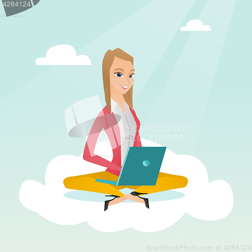 Image of Caucasian woman using cloud computing technologies