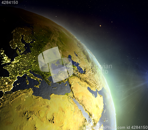 Image of EMEA region from space in sunrise