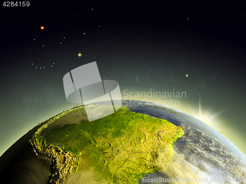 Image of South America from space in sunrise