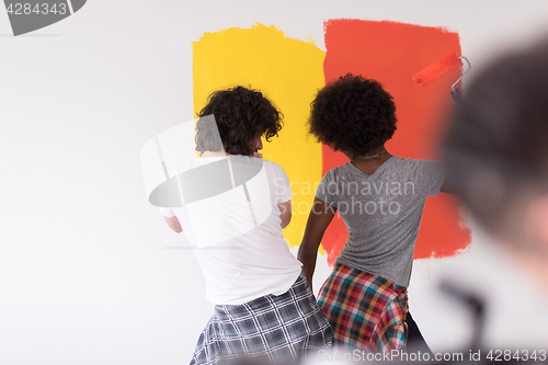 Image of multiethnic couple painting interior wall