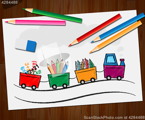 Image of Stationery Supplies Train Shows School Materials 3d Illustration