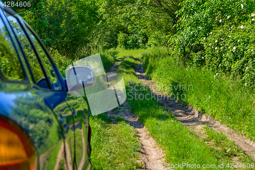 Image of Blue car in forest