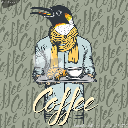 Image of Vector Illustration of penguin with croissant and coffee