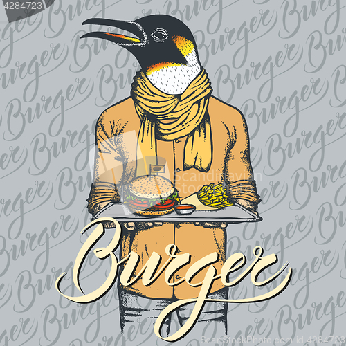 Image of Vector Illustration of penguin with burger and French fries