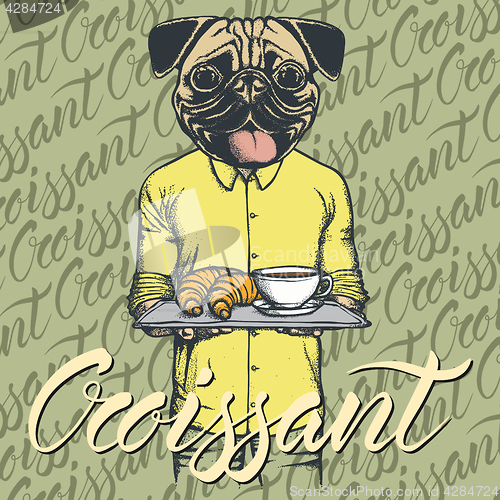 Image of Vector Illustration of pug dog with croissant and coffee