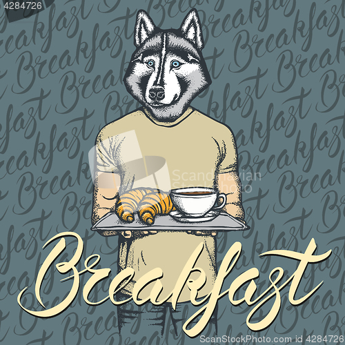 Image of Vector Illustration of husky dog with croissant and coffee