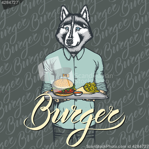 Image of Vector Illustration of husky dog with burger and French fries