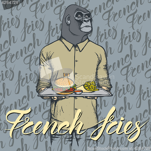 Image of Vector Illustration of gorilla with burger and French fries