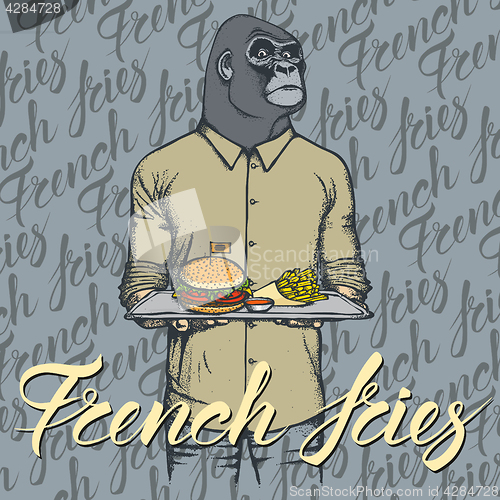 Image of Vector Illustration of gorilla with burger and French fries