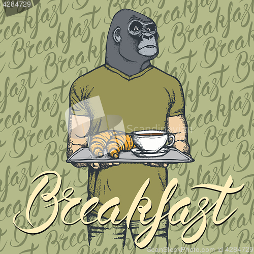 Image of Vector Illustration of gorilla with croissant and coffee