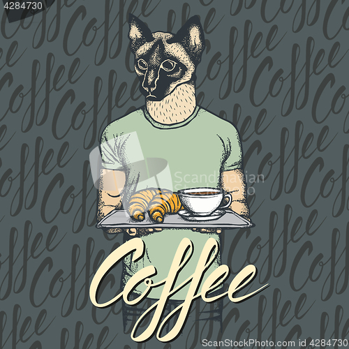 Image of Vector Illustration of cat with croissant and coffee