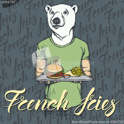 Image of Vector Illustration of white bear with burger and French fries