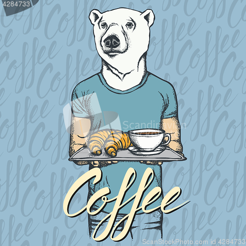 Image of Vector Illustration of white bear with croissant and coffee