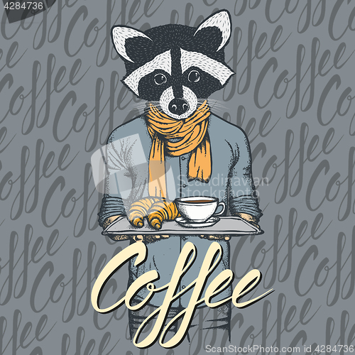 Image of Vector Illustration of raccoon with croissant and coffee