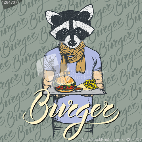 Image of Vector Illustration of raccoon with burger and French fries