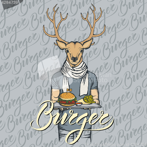 Image of Vector Illustration of deer with burger and French fries