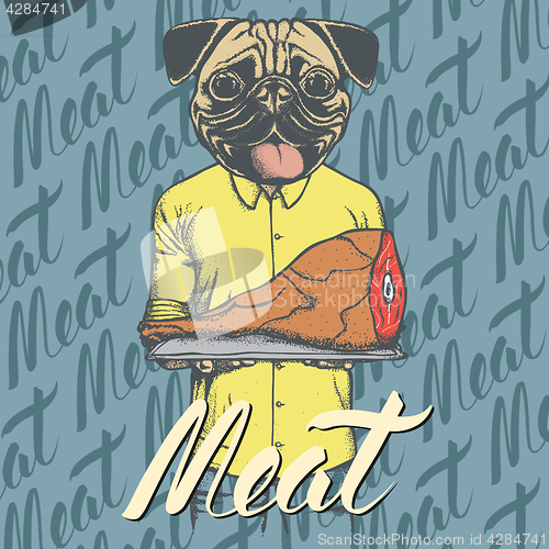 Image of Vector pug dog with meat ham illustration