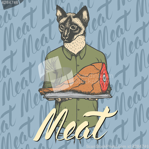 Image of Vector cat with meat ham illustration