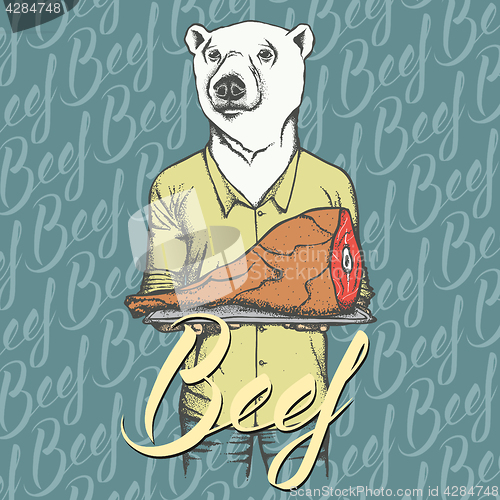 Image of Vector white bear with meat ham illustration