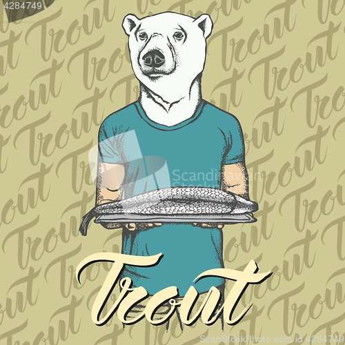 Image of Vector white bear with fresh fish illustration