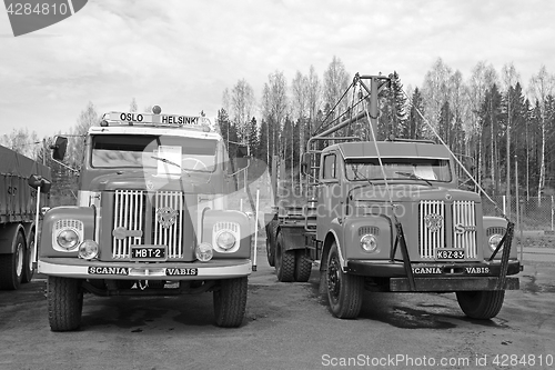 Image of Two Classic Scania 76 Trucks on Display