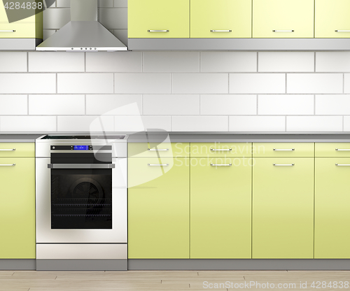 Image of Stove and range hood in the kitchen