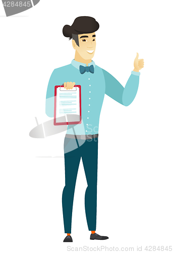 Image of Businessman with clipboard giving thumb up.