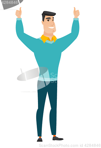 Image of Businessman standing with raised arms up.