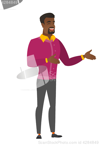 Image of African-american happy businessman gesturing.