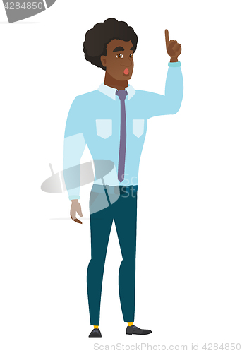 Image of Businessman with open mouth pointing finger up.