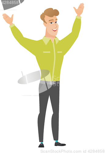 Image of Successful caucasian businessman jumping.