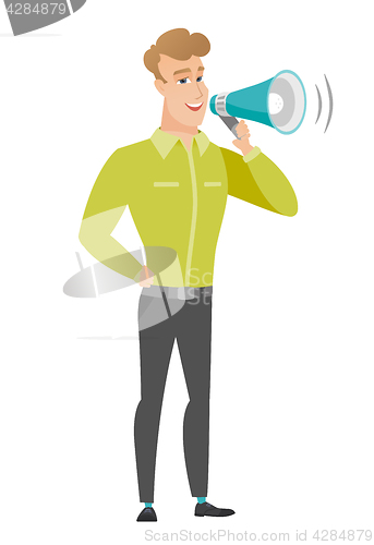 Image of Caucasian businessman talking into loudspeaker.